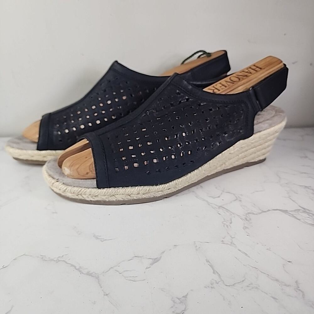 Earth Origin Naples Nevada Wedge Espadrille Sandal 11M Black Leather Basketweave - Picture 2 of 6